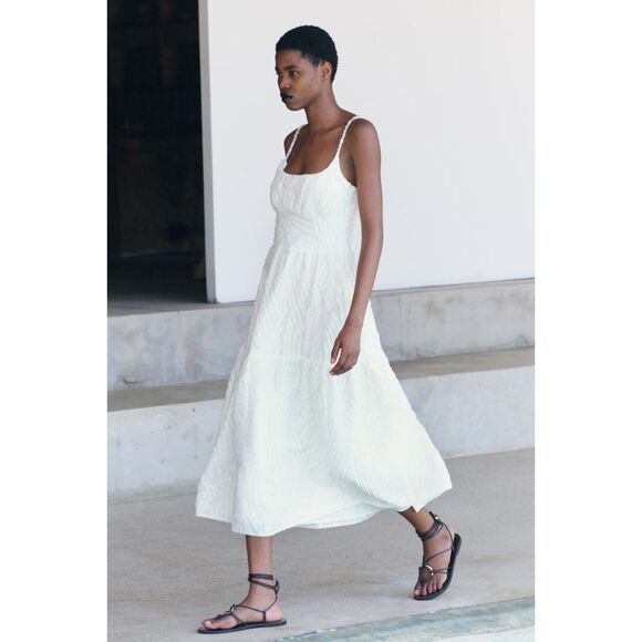 White Zara Jacquard Textured Spaghetti Strap Midi Dress (NWT) - Picture 4 of 11